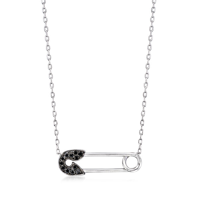 Black Diamond-Accented Safety Pin Necklace in Sterling Silver