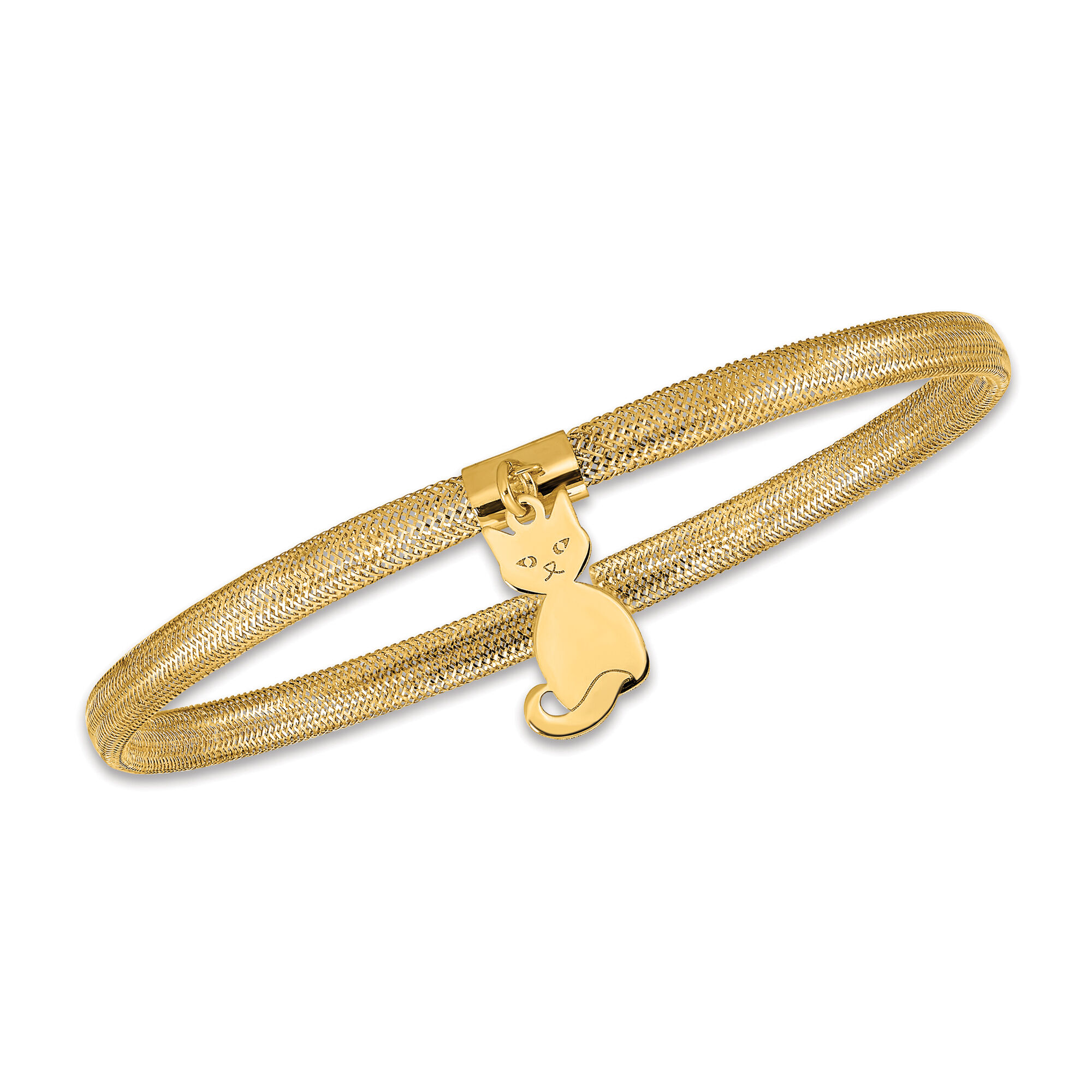 Italian 14kt Yellow Gold Cat Dangle Mesh Bracelet | Ross-Simons