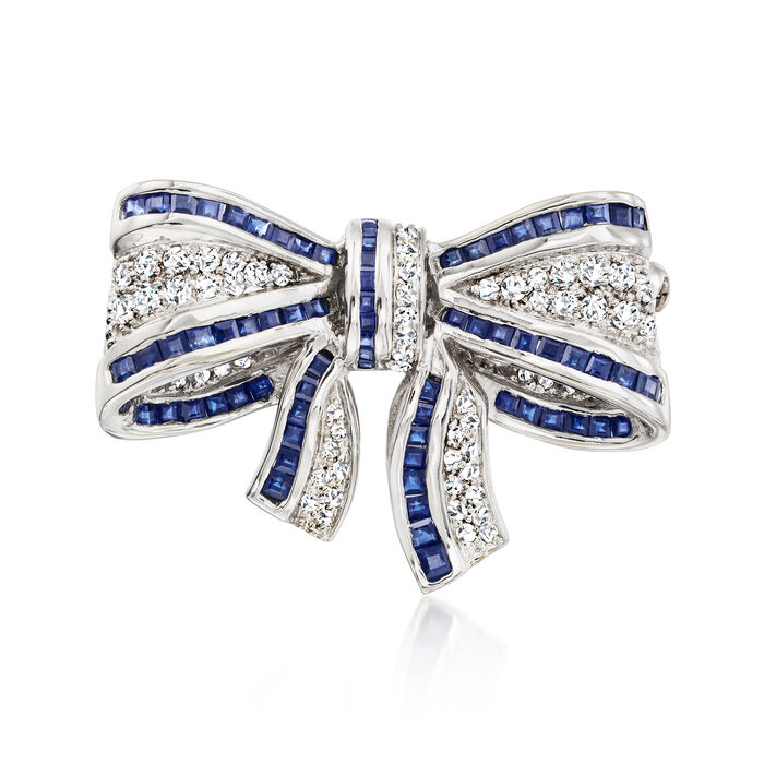 C. 1980 Vintage 2.50 ct. t.w. Sapphire and .85 ct. t.w. Diamond Bow Pin in 18kt White Gold