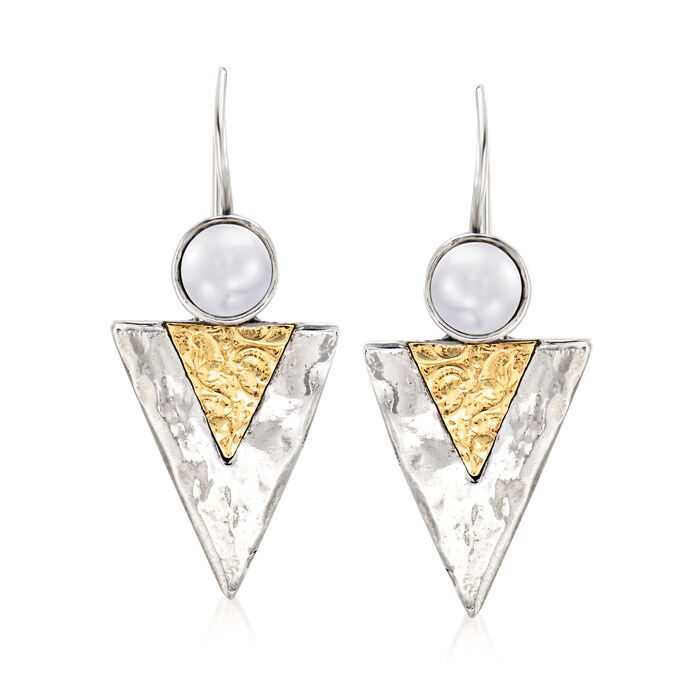 7-7.5mm Cultured Pearl Triangle Drop Earrings in Sterling Silver with 14kt Yellow Gold