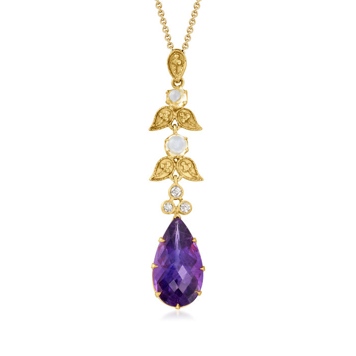 C. 1980 Vintage 6.30 Carat Amethyst, .40 ct. t.w. Moonstone and .10 ct. t.w. Diamond Drop Pendant Necklace in 10kt and 14kt Yellow Gold