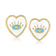 Blue and White Enamel Evil Eye Heart Earrings in 14kt Yellow Gold