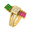 C. 1970 Vintage .45 ct. t.w. Ruby, .36 ct. t.w. Emerald and .35 ct. t.w. Diamond Square Cocktail Ring in 18kt Yellow Gold