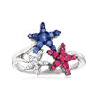 .20 ct. t.w. Sapphire and .20 ct. t.w. Ruby Star Ring with Diamond Accents in Sterling Silver