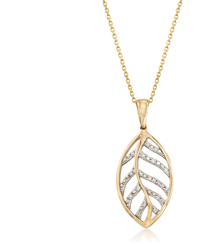 14kt Yellow Gold Openwork Leaf Pendant Necklace with Diamond Accents