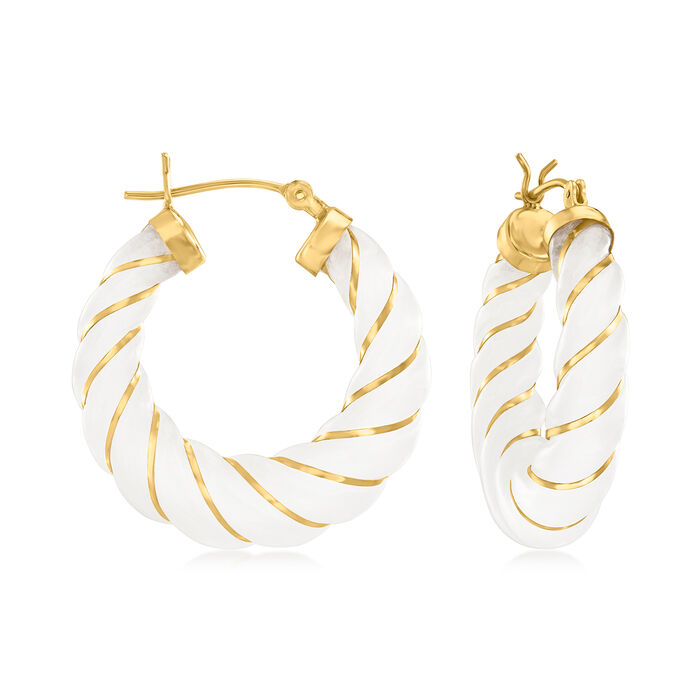 Carved White Kunlun Jade Hoop Earrings in 14kt Yellow Gold