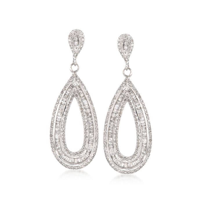 1.48 ct. t.w. Baguette and Round Diamond Teardrop Earrings in 14kt White Gold