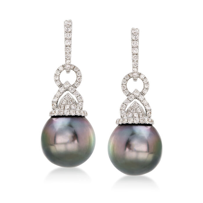 13mm Black Cultured South Sea Pearl and .83 ct. t.w. Diamond Drop Earrings in 18kt White Gold