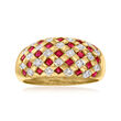 C. 1980 Vintage 1.15 ct. t.w. Ruby and .18 ct. t.w. Diamond Checkered Dome Ring in 18kt Yellow Gold