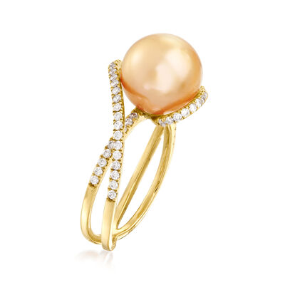10-11mm Cultured Golden South Sea Pearl and .42 ct. t.w. Diamond Ring in 18kt Yellow Gold
