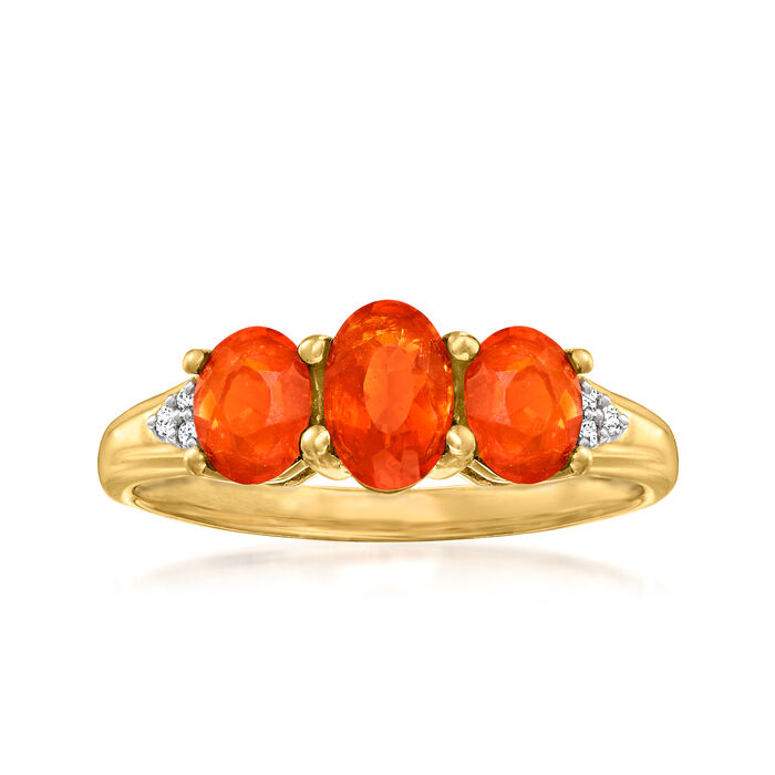 Fire Opal Three-Stone Ring with Diamond Accents in 14kt Yellow Gold