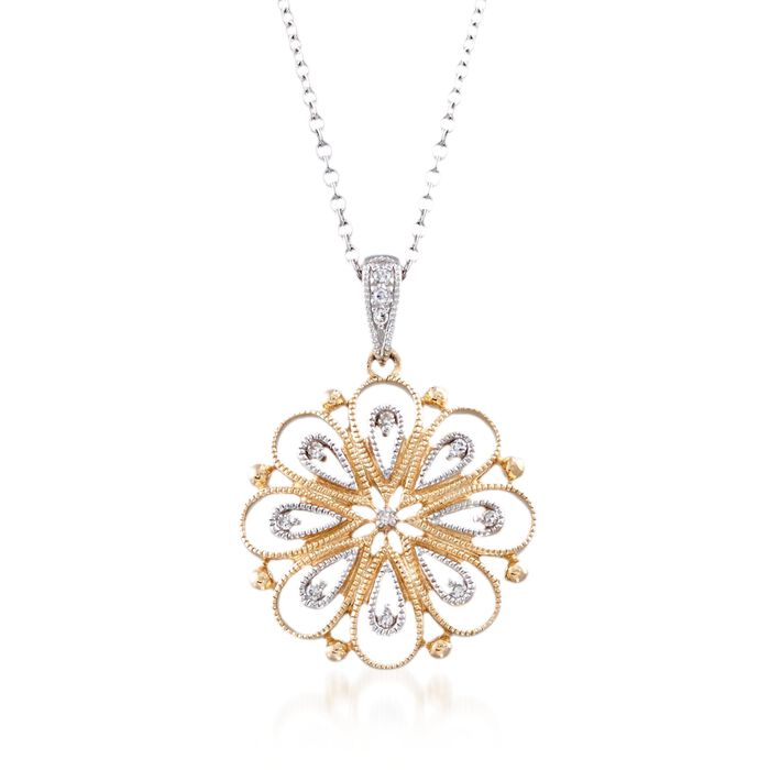 14kt Two-Tone Gold Floral Pendant Necklace With Diamond Accents