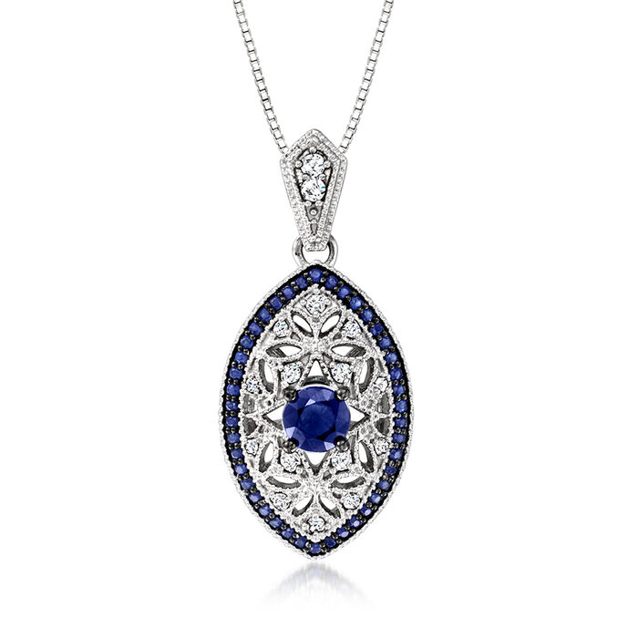 .80 ct. t.w. Sapphire and .16 ct. t.w. Diamond Milgrain Pendant Necklace in Sterling Silver