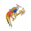 C. 1950 Vintage Multicolored Enamel and .25 ct. t.w. Diamond Bird on Branch Pin with Ruby Accent in 18kt Yellow Gold