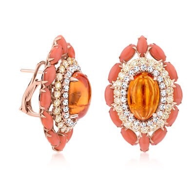 13.00 ct. t.w. Orange Garnet, Peach Coral and 3.30 ct. t.w. Multicolored Diamond Earrings in 18kt Two-Tone Gold
