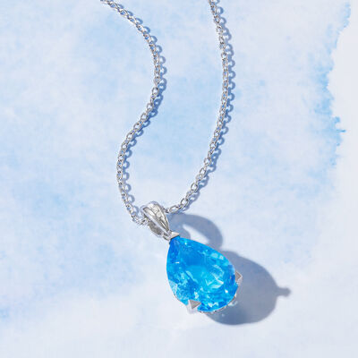 14.00 Carat Swiss Blue Topaz Pendant Necklace with Diamond Accents in Sterling Silver