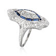 C. 1950 Vintage .35 ct. t.w. Synthetic Sapphire Filigree Ring with .30 ct. t.w. Diamonds in 18kt White Gold