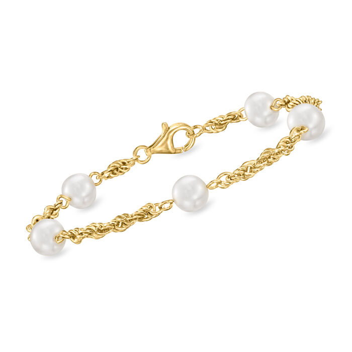 7-7.5mm Cultured Pearl and 18kt Gold Over Sterling Rope-Chain Bracelet