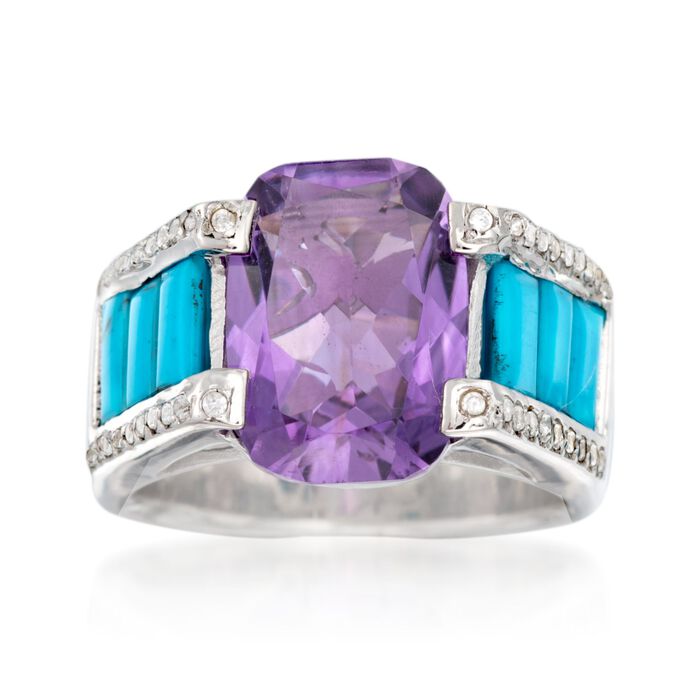 7.00 Carat Amethyst and Turquoise Ring with White Zircons in Sterling Silver
