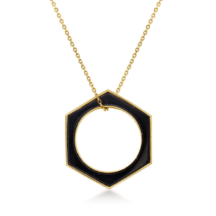 C. 2000 Vintage Onyx Inlay Hexagon Pendant Necklace in 18kt Yellow Gold