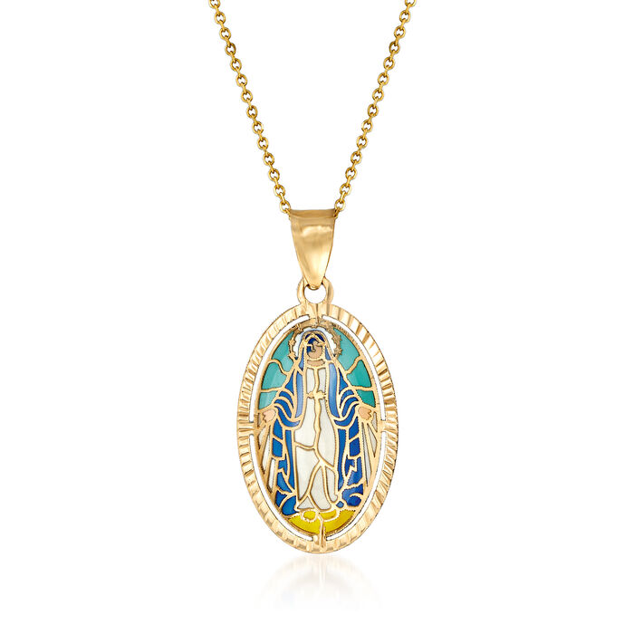 14kt Yellow Gold Virgin Mary Pendant Necklace with Multicolored Enamel