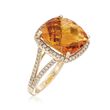 9.75 Carat Cushion-Cut Citrine and Diamond Ring in 14kt Yellow Gold