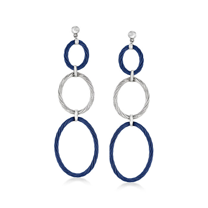 ALOR Blue and Gray Stainless Steel Cable Multi-Oval Drop Earrings with 18kt White Gold
