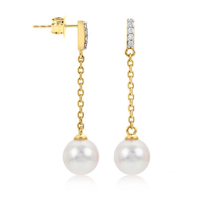 6.5-7mm Cultured Akoya Pearl Drop Earrings with Diamond Accents in 14kt Yellow Gold