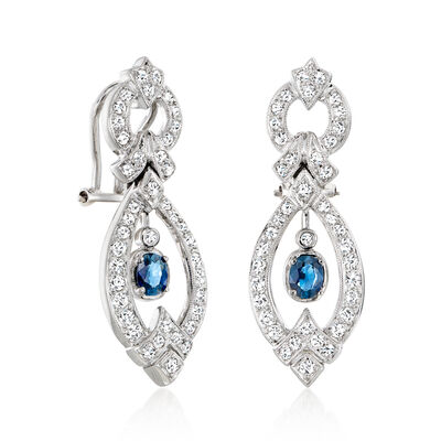 C. 1990 Vintage 1.36 ct. t.w. Diamond and .83 ct. t.w. Sapphire Drop Earrings in 18kt White Gold