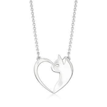 Sterling Silver Cat and Heart Necklace Gift