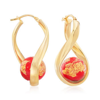 Italian Red Murano Glass Bead Twisted Hoop Earrings Over Sterling