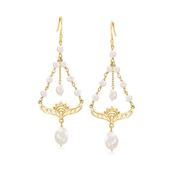 3-9mm Cultured Pearl Lotus Chandelier Earrings in Gold Over Sterling