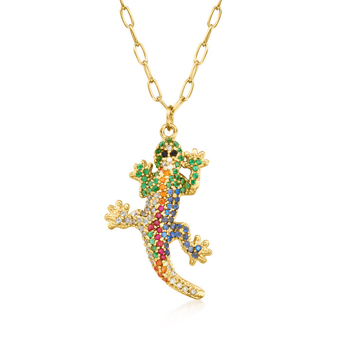 Italian 1.10 ct. t.w. Multicolored CZ Gecko Pendant Necklace in 18kt Gold Over Sterling