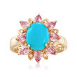 Turquoise and 1.20 ct. t.w. Pink Sapphire Ring with Diamond Accents in 14kt Yellow Gold