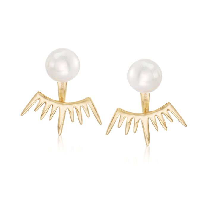 8mm Shell Pearl Jewelry Set: Earrings and Spiked Front-Back Jackets in 18kt Gold Over Sterling