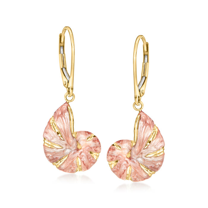 Italian Pink and White Enamel Seashell Drop Earrings in 14kt Yellow Gold