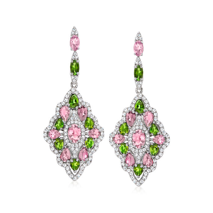 7.30 ct. t.w. Pink and Green Tourmaline and .90 ct. t.w. White Topaz Drop Earrings in Sterling Silver