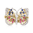 C. 1980 Vintage 1.00 ct. t.w. Diamond, .40 ct. t.w. Sapphire and .40 ct. t.w. Ruby Butterfly Ring in 14kt Yellow Gold
