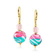 Italian Pink and Blue Murano Glass Bead Drop Earrings in 18kt Gold Over Sterling