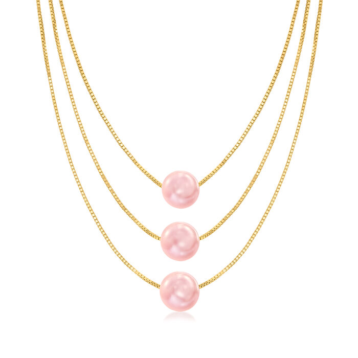 9-9.5mm Pink Cultured Pearl Three-Strand Necklace in 18kt Gold Over Sterling