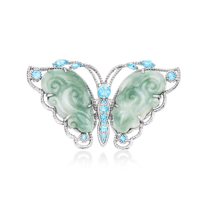 Jade and .70 ct. t.w. Swiss Blue Topaz Butterfly Ring in Sterling Silver