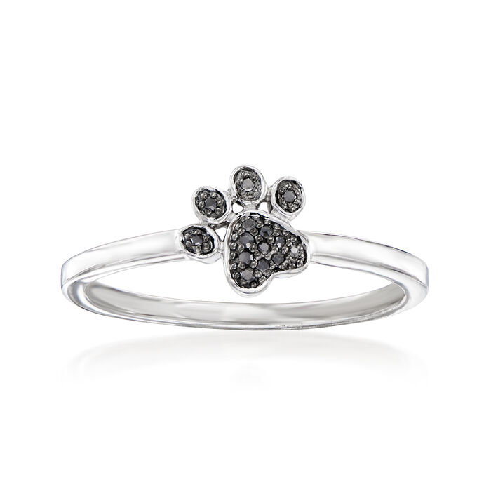 Black Diamond-Accented Paw Print Ring in Sterling Silver