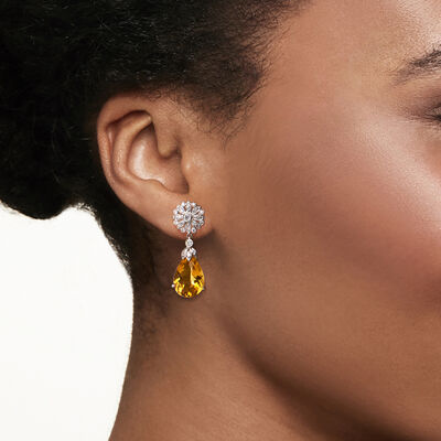C. 1990 Vintage 10.00 ct. t.w. Citrine and .70 ct. t.w. Diamond Floral Drop Earrings in 18kt White Gold