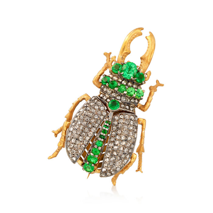 C. 1960 Vintage 2.25 ct. t.w. Tsavorite and 2.20 ct. t.w. Diamond Bug Pin/Pendant in 14kt Gold Over Sterling
