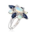 Opal and 1.60 ct. t.w. Sapphire Flower Ring With Diamond Accents in Sterling Silver