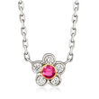 C. 1990 Vintage .30 Carat Ruby and .35 ct. t.w. Diamond Flower Necklace in 14kt and 18kt Gold