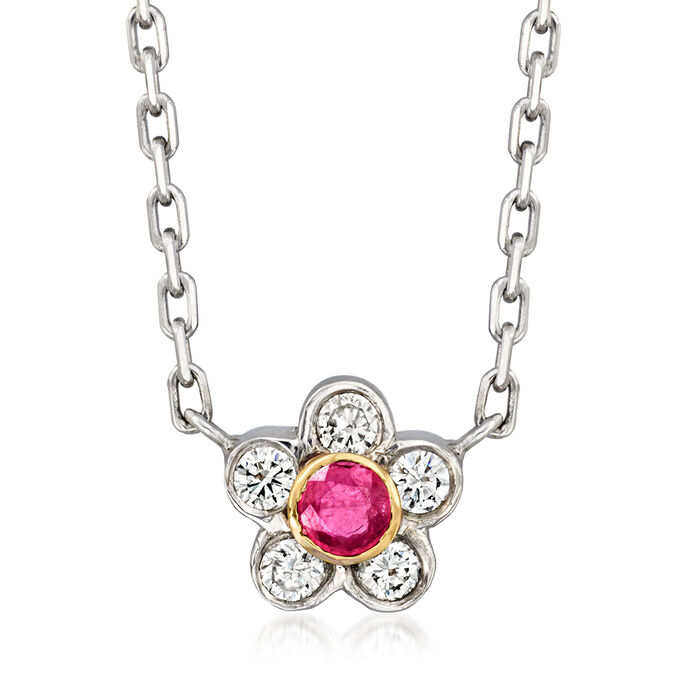 C. 1990 Vintage .30 Carat Ruby and .35 ct. t.w. Diamond Flower Necklace in 14kt and 18kt Gold