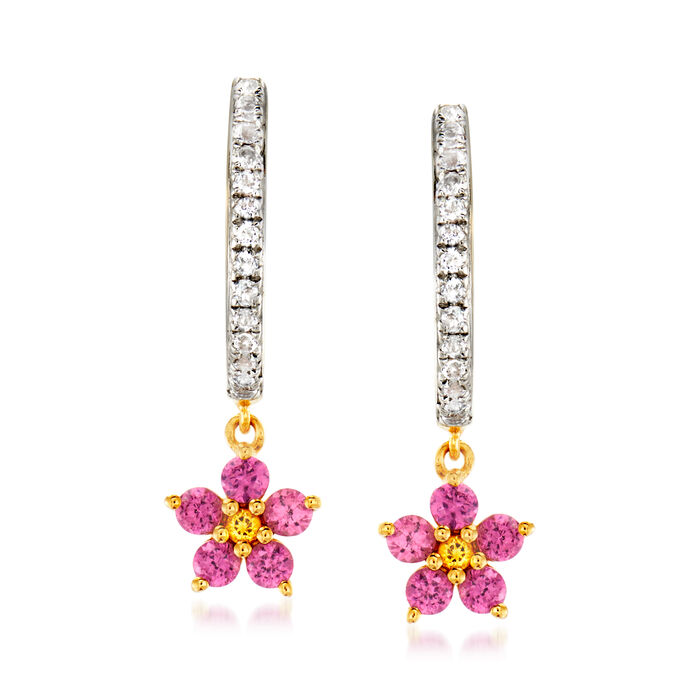 .40 ct. t.w. Rhodolite Garnet and .10 ct. t.w. White Topaz Flower Hoop Drop Earrings with Citrine Accents in 18kt Gold Over Sterling