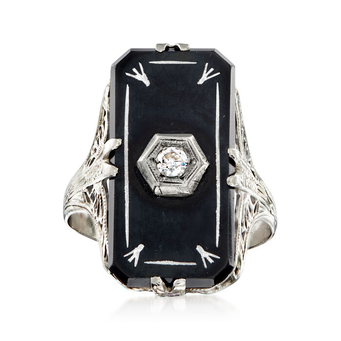 C. 1950 Vintage Onyx and White Enamel Ring with Diamond Accent in 14kt White Gold