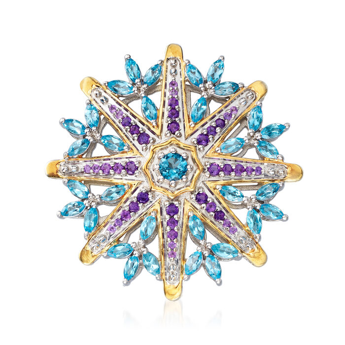 5.50 ct. t.w. Sky Blue Topaz and 1.00 ct. t.w. Amethyst Wheel Pin in Two-Tone Sterling Silver